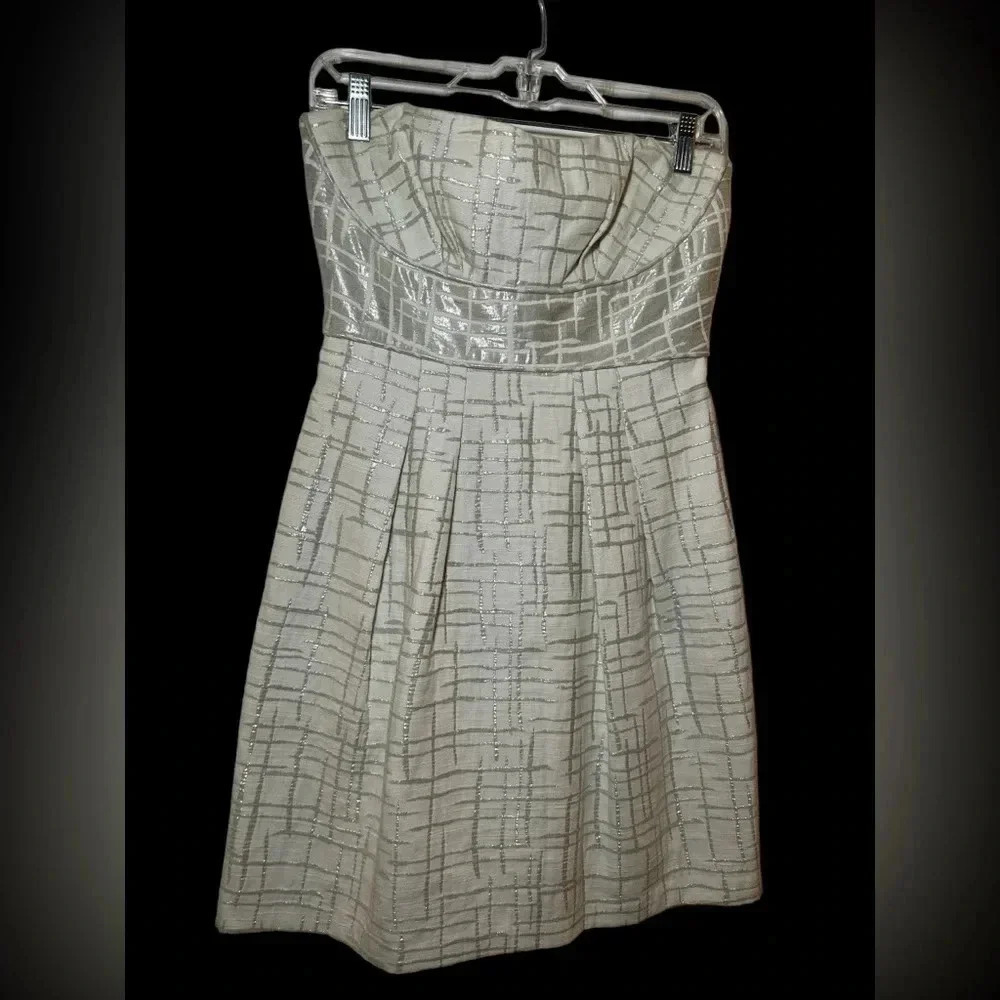 BCBG Trudy strapless Cream Silver Metallic Jacquard a-line dress NWOT